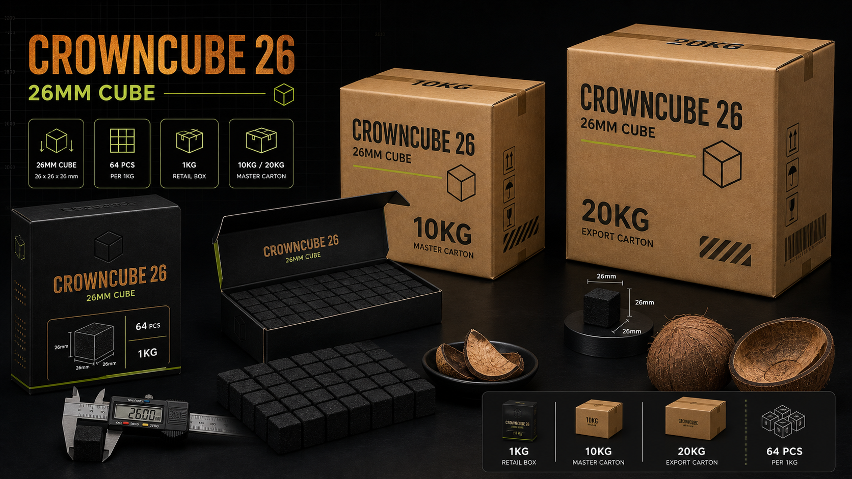 Packaging mockup placeholder for coconut hookah charcoal boxes and cartons